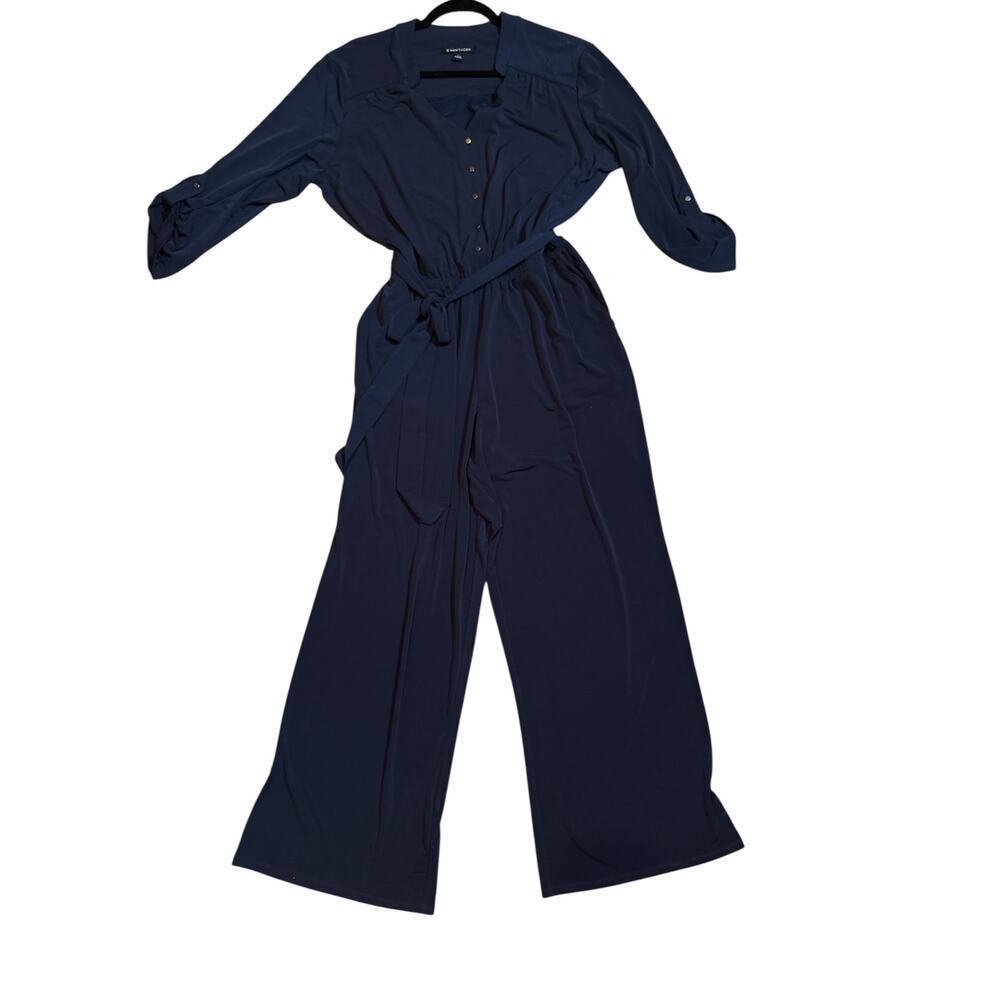 41 Hawthorn Women Elastic Waist Belted Button Front Wide Leg Jumpsuit SZ XL Navy - Picture 2 of 11